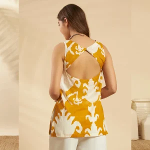 Women Cotton Summer Kurti Mustard Yellow Ikat Print Tunic - Image 8