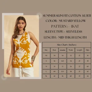 Women Cotton Summer Kurti Mustard Yellow Ikat Print Tunic - Image 9