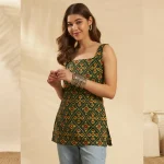 Women Green Floral Cotton Sleeveless Kurti Summer Tunic - Image 2
