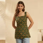 Women Green Floral Cotton Sleeveless Kurti Summer Tunic - Image 3