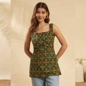 Women Green Floral Cotton Sleeveless Kurti Summer Tunic - Image 3