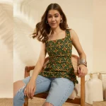 Women Green Floral Cotton Sleeveless Kurti Summer Tunic