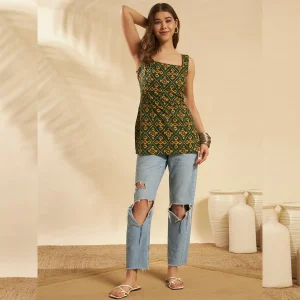 Women Green Floral Cotton Sleeveless Kurti Summer Tunic - Image 6
