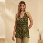 Women Green Ikat Print Cotton Halter Neck Kurti For Gift