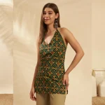 Women Green Ikat Print Cotton Halter Neck Kurti For Gift - Image 2