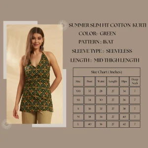 Women Green Ikat Print Cotton Halter Neck Kurti For Gift - Image 9