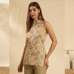 Women Lightweight Summer Tunic Kurta Beige Floral Print Top - Image 3