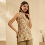 Women Lightweight Summer Tunic Kurta Beige Floral Print Top - Image 4