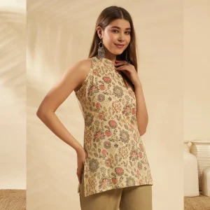 Women Lightweight Summer Tunic Kurta Beige Floral Print Top - Image 4