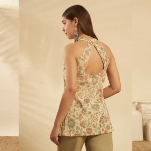 Women Lightweight Summer Tunic Kurta Beige Floral Print Top - Image 8