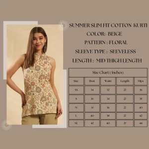 Women Lightweight Summer Tunic Kurta Beige Floral Print Top - Image 9