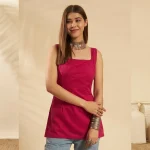 Women Pink Floral Printed Sleeveless Cotton Kurti Top - Image 2