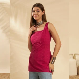 Women Pink Floral Printed Sleeveless Cotton Kurti Top - Image 3