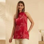 Women Red Floral Print Halter Neck Sleeveless Casual Kurti