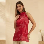 Women Red Floral Print Halter Neck Sleeveless Casual Kurti - Image 2