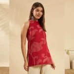 Women Red Floral Print Halter Neck Sleeveless Casual Kurti - Image 3
