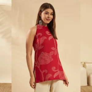 Women Red Floral Print Halter Neck Sleeveless Casual Kurti - Image 3