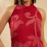 Women Red Floral Print Halter Neck Sleeveless Casual Kurti - Image 4