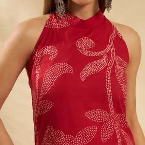 Women Red Floral Print Halter Neck Sleeveless Casual Kurti - Image 4