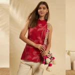 Women Red Floral Print Halter Neck Sleeveless Casual Kurti - Image 5