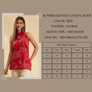 Women Red Floral Print Halter Neck Sleeveless Casual Kurti - Image 9