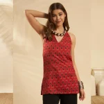Women Sleeveless Summer Cotton Kurti Orange Floral - Image 2