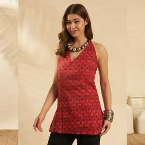 Women Sleeveless Summer Cotton Kurti Orange Floral - Image 3