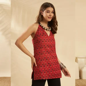 Women Sleeveless Summer Cotton Kurti Orange Floral - Image 4