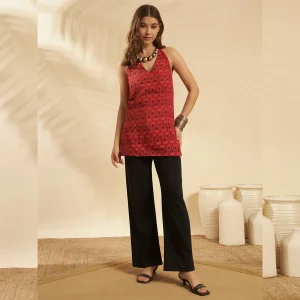 Women Sleeveless Summer Cotton Kurti Orange Floral - Image 5
