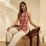 Women Sleeveless Summer Tunic Top Red Floral Kurti