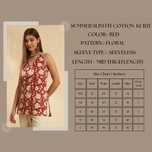 Women Sleeveless Summer Tunic Top Red Floral Kurti - Image 8
