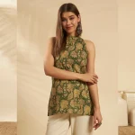 Women Slim Fit Cotton Kurti Green Floral Print Tunic - Image 2