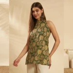 Women Slim Fit Cotton Kurti Green Floral Print Tunic - Image 3