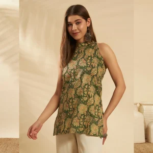 Women Slim Fit Cotton Kurti Green Floral Print Tunic - Image 3