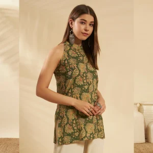 Women Slim Fit Cotton Kurti Green Floral Print Tunic - Image 4
