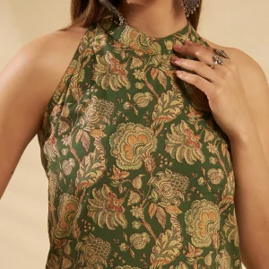 Women Slim Fit Cotton Kurti Green Floral Print Tunic - Image 5