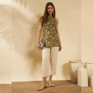 Women Slim Fit Cotton Kurti Green Floral Print Tunic - Image 6