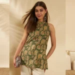 Women Slim Fit Cotton Kurti Green Floral Print Tunic