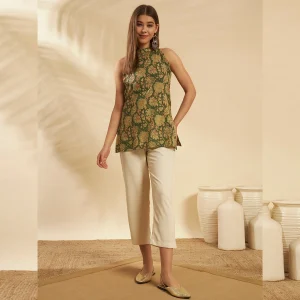 Women Slim Fit Cotton Kurti Green Floral Print Tunic - Image 8