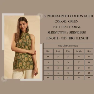 Women Slim Fit Cotton Kurti Green Floral Print Tunic - Image 9