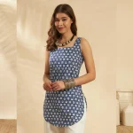 Women Umbrella Cut Kurti Casual Blue Floral Cotton Tunic - Image 2