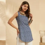 Women Umbrella Cut Kurti Casual Blue Floral Cotton Tunic - Image 4