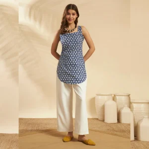 Women Umbrella Cut Kurti Casual Blue Floral Cotton Tunic - Image 7