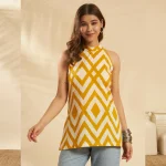 Women Yellow White Geometric Print Kurti Slim Fit Cotton Top