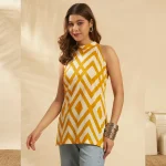 Women Yellow White Geometric Print Kurti Slim Fit Cotton Top - Image 2