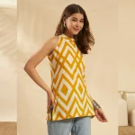 Women Yellow White Geometric Print Kurti Slim Fit Cotton Top - Image 3