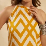 Women Yellow White Geometric Print Kurti Slim Fit Cotton Top - Image 4