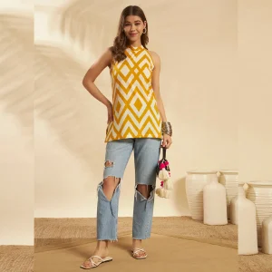 Women Yellow White Geometric Print Kurti Slim Fit Cotton Top - Image 5