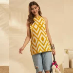 Women Yellow White Geometric Print Kurti Slim Fit Cotton Top - Image 6