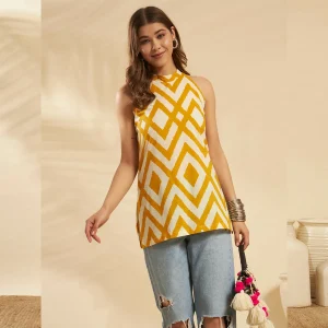 Women Yellow White Geometric Print Kurti Slim Fit Cotton Top - Image 6